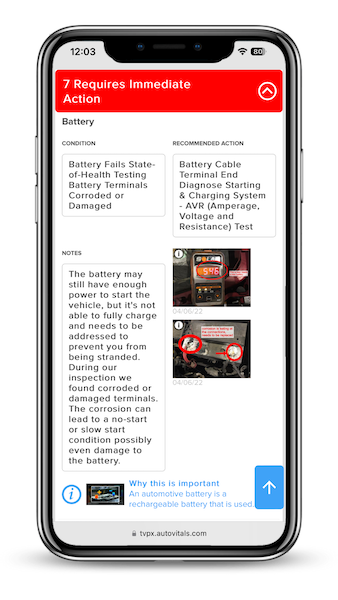 AutoVitals digital vehicle inspections showing inspection results for a corroding battery.