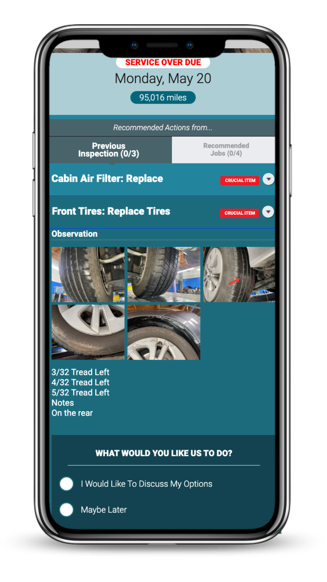 An example of AutoVitals service reminders. This service reminder shows a notice to replace front tires.